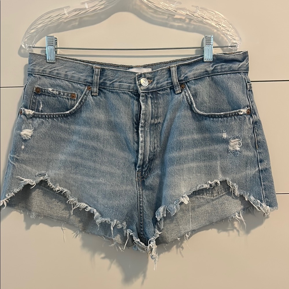 Zara Light Blue Frayed Jean Shorts